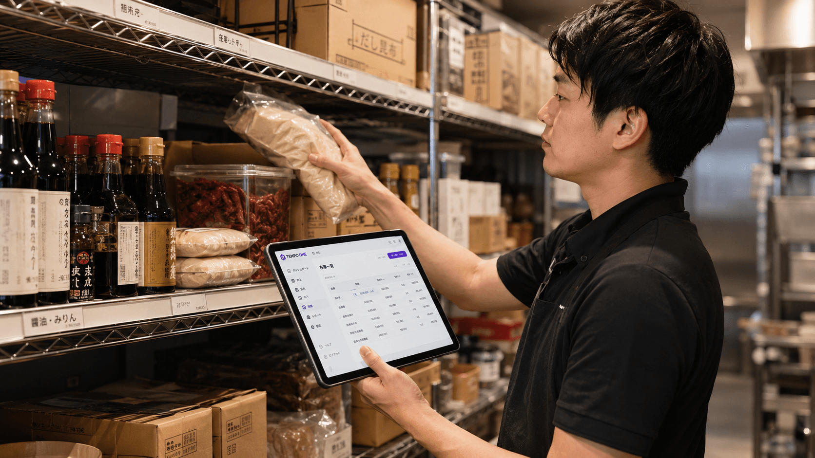 バックヤードでタブレットのTENPO ONE在庫一覧を確認するスタッフ